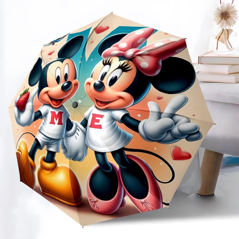 1pc Sturdy 8-Bone Auto Umbrella, Mickey And Minnie Red Hearts Floral Umbrella, Digital Printed, Foldable Umbrella for On-the-Go Outdoor Use