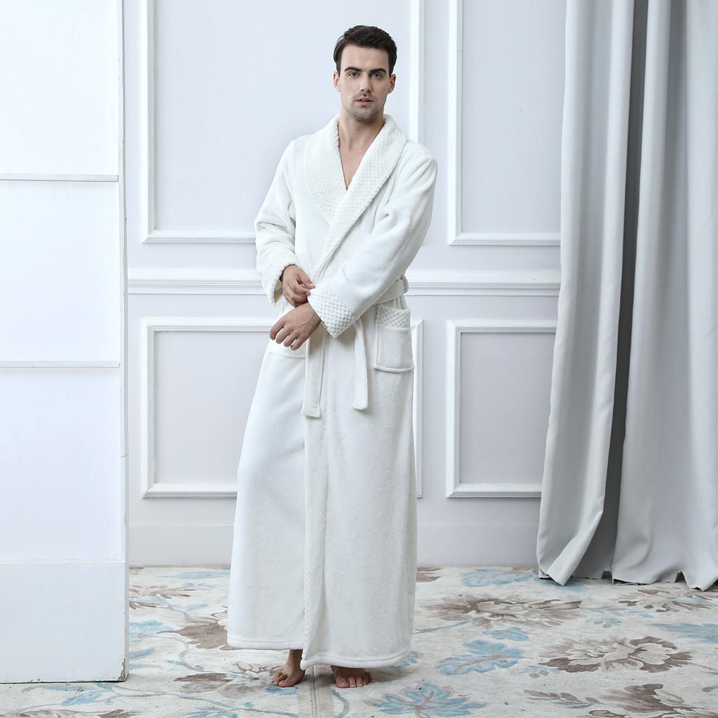 Mens Solid Thicken Velvet Robe Bathrobe Gown Pajamas Sleepwear Pocket Waistband
