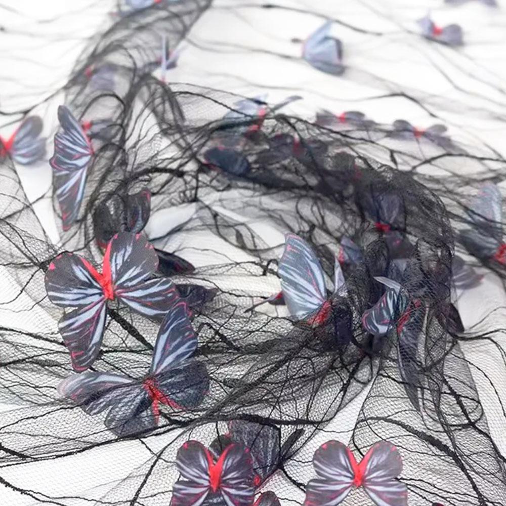High Quality Black Transparent Blue 3D Butterfly Flower Lace Mesh Fabric Wedding Dress Fashion Costume Designer Embroidery Tulle