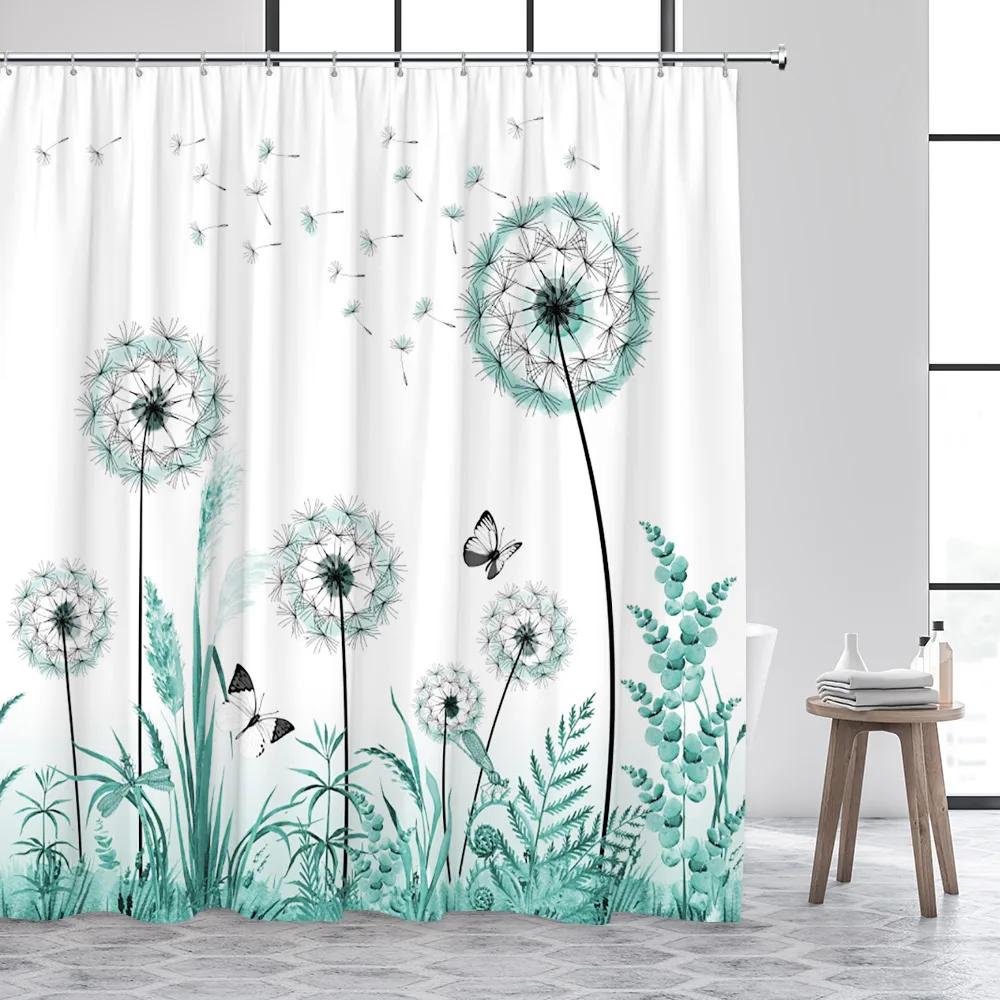 Dandelion Shower Curtain Watercolor Floral Farm Rustic Butterfly Plank Plant Polyester Fabric Bathroom Decor Curtain Washable