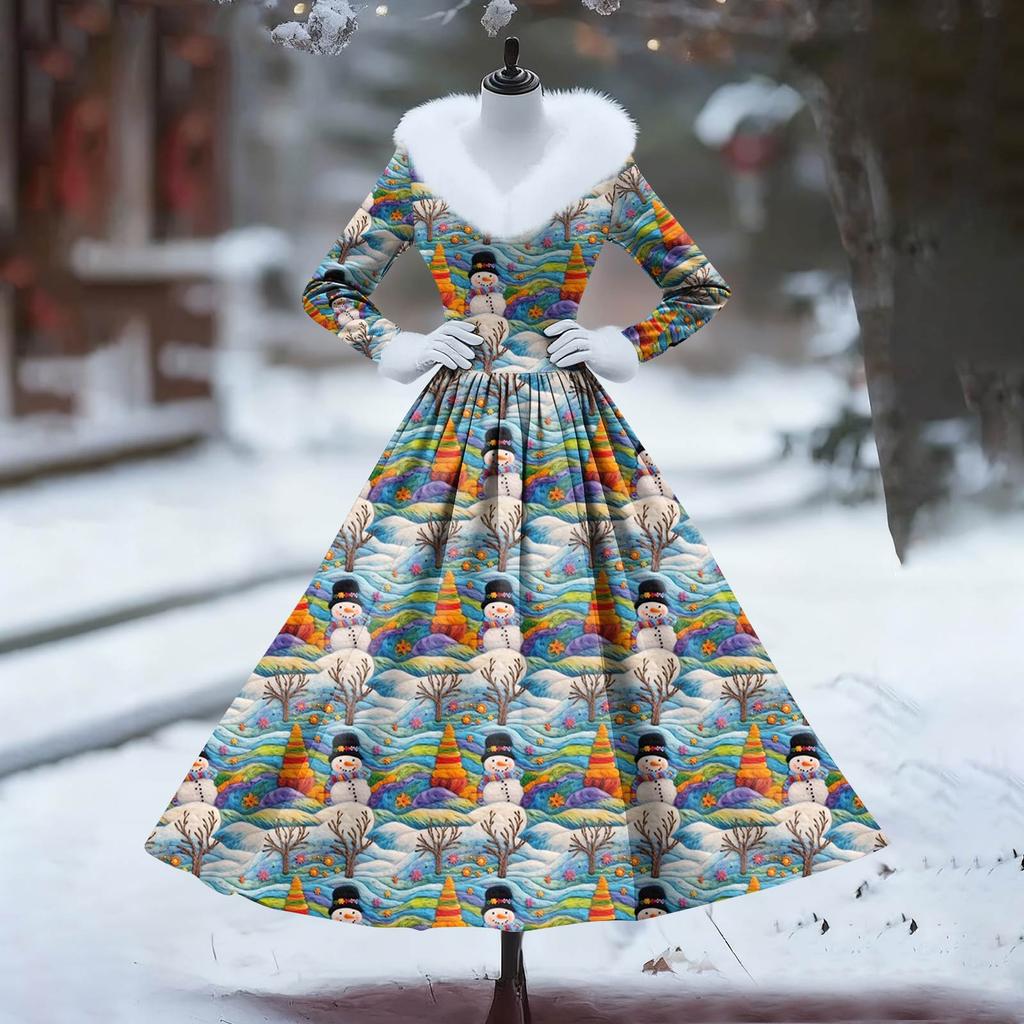 Women's Casual Dress Long-Sleeve V-Neck Patchwork Fleece Christmas Print Dress