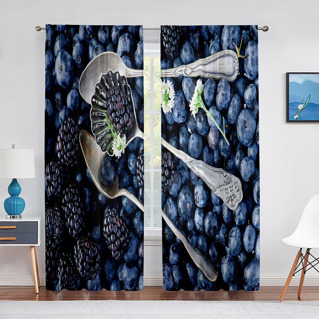 Blueberries Fruit Green Leaf Tulle Curtains for Living Room Bedroom Decoration Chiffon Sheer Voile Kitchen Window Curtain Drapes