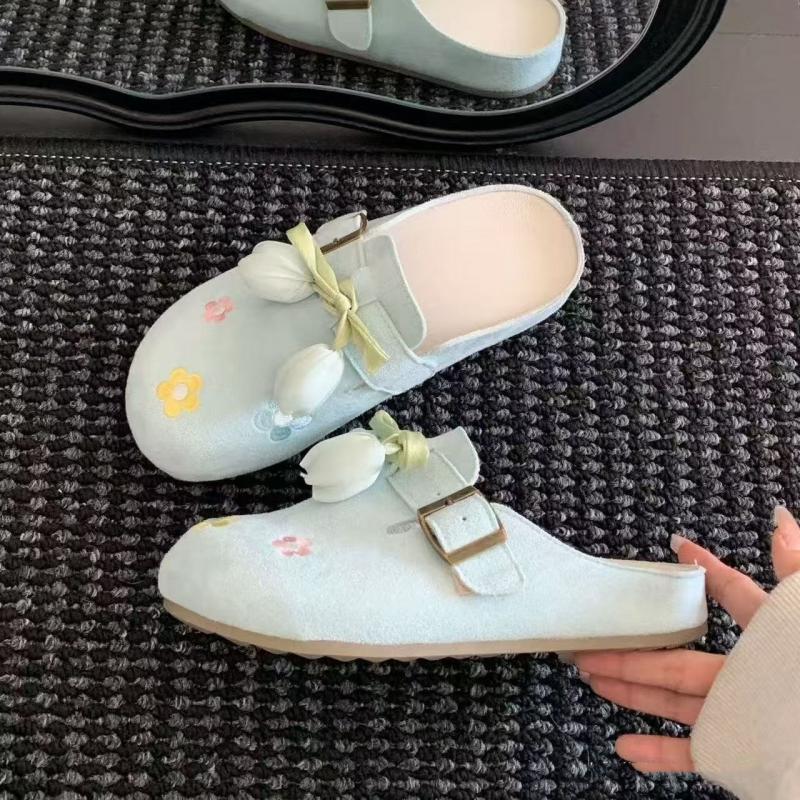 Fashion Sweet Detachable Lace Up Flower Decoration Close Toe Slides Women Summer Round Toe Soft Sole Slippers Fashion Outdoor Slippers