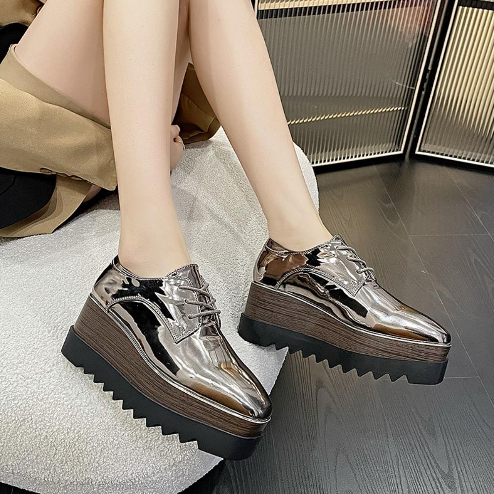 HZB‑761‑8 2026 New Women Patent Leather Lace‑Up Wedge Platform Pumps, British Style Soft‑Sole Versatile Thick‑Sole Casual Leather Shoes