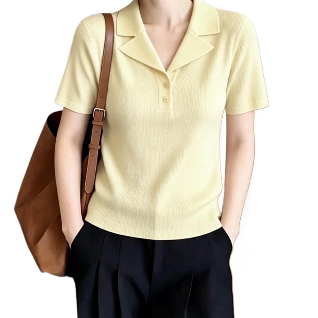 2026 French Style Women's Slimming Tencel Short Sleeve Knit Lapel Top