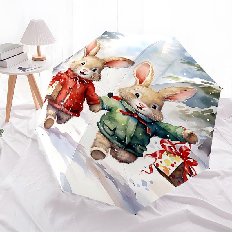 1pc Winter Wonderland Rabbit Umbrella: Auto Open Close, Portable 3-Fold Design, 8-Bone Iron Frame, Outdoor Festival Gift for Fans, Travelers, Daily Us