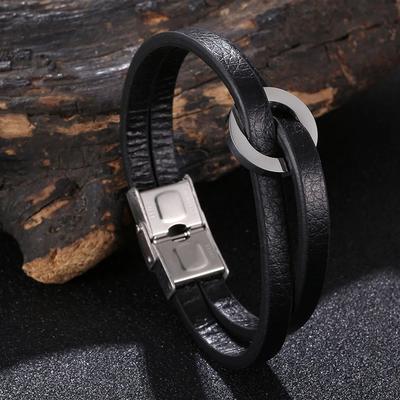 Fashion Double Layer Leather Hand Bracelet for Men Women Charm Stainless Steel Bangles Couples Jewelry Wristband Gift