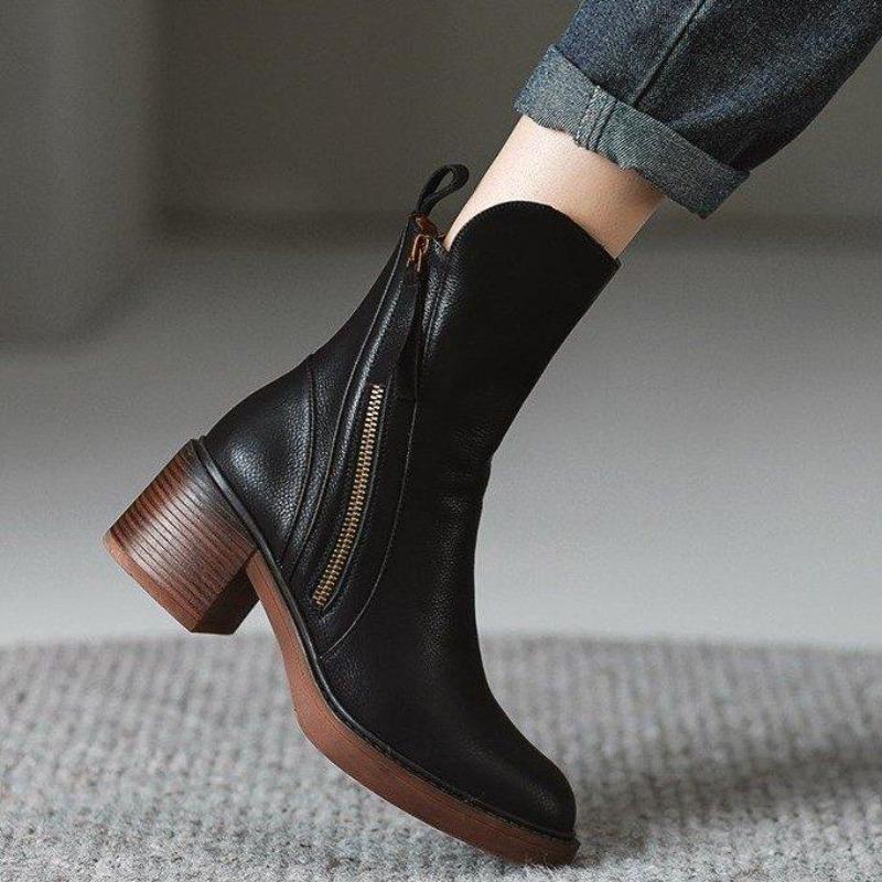 Kobieta Botki do połowy łydki Kobiety Zamek Grube obcasy Obuwie damskie Damskie Skórzane Krótkie Buty Buty damskie Botas De Mujer