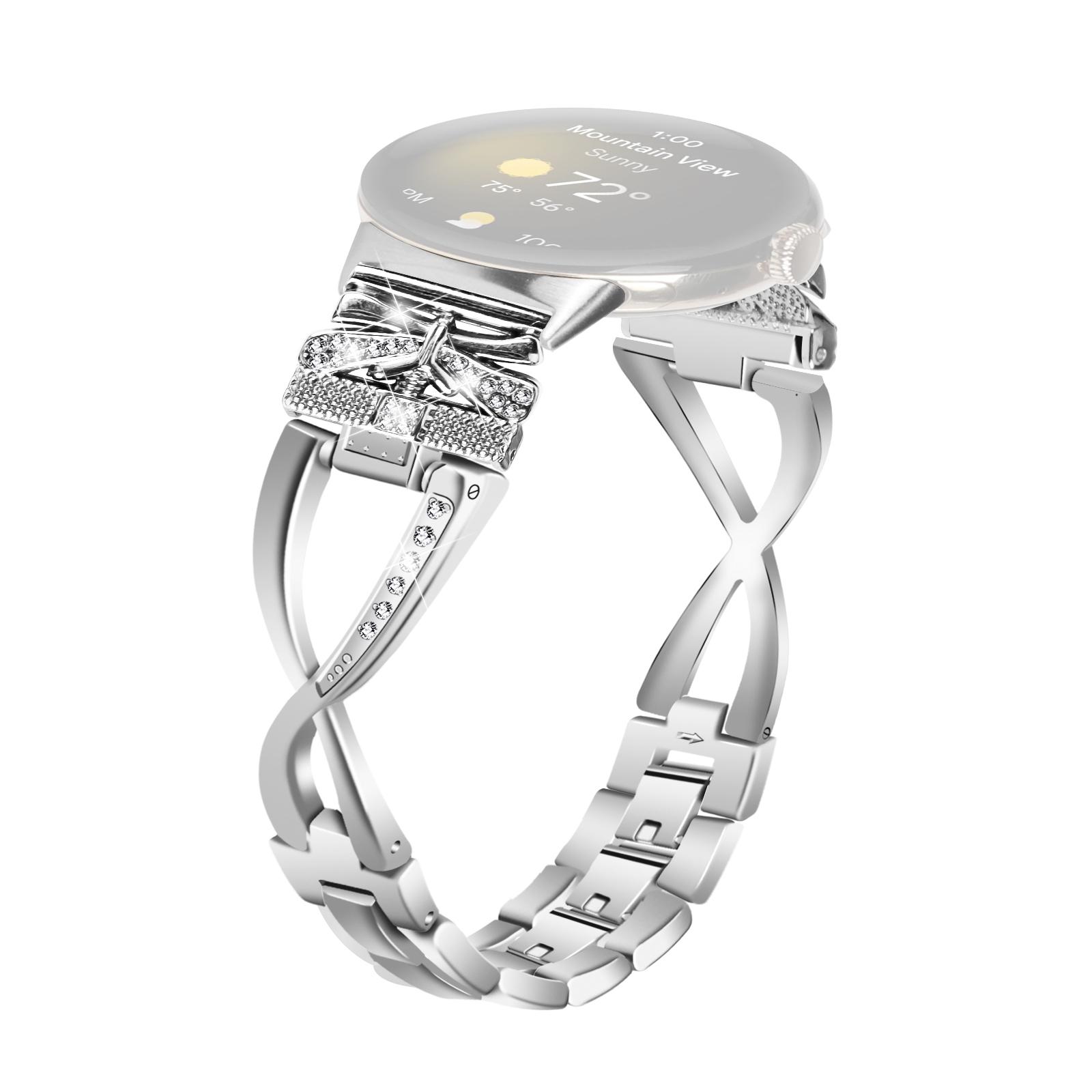 

For Google Pixel Watch 3 41mm/Watch 2/Pixel Watch Crown X-Shape Rhinestones Decor Watch Strap Zinc Alloy Wrist Band Silver