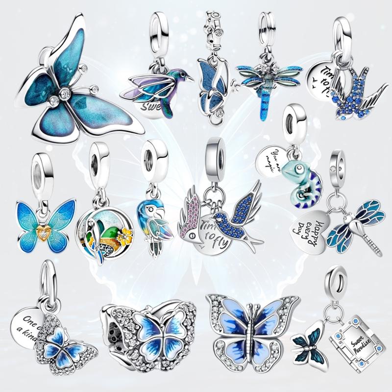 Blue Dragonfly Butterfly Birds Dangle Charm European Silver Bracelet Exquisite Bead DIY Jewelry Gift for Women