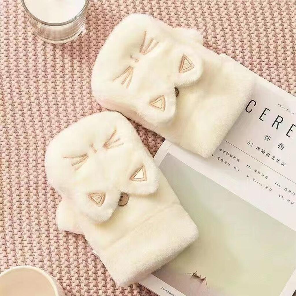Cute Cat Plush Gloves for Women Korean Style Winter Fingerless Flip-up Style Outdoor Cycling Thickened Windproof Warm Accessory