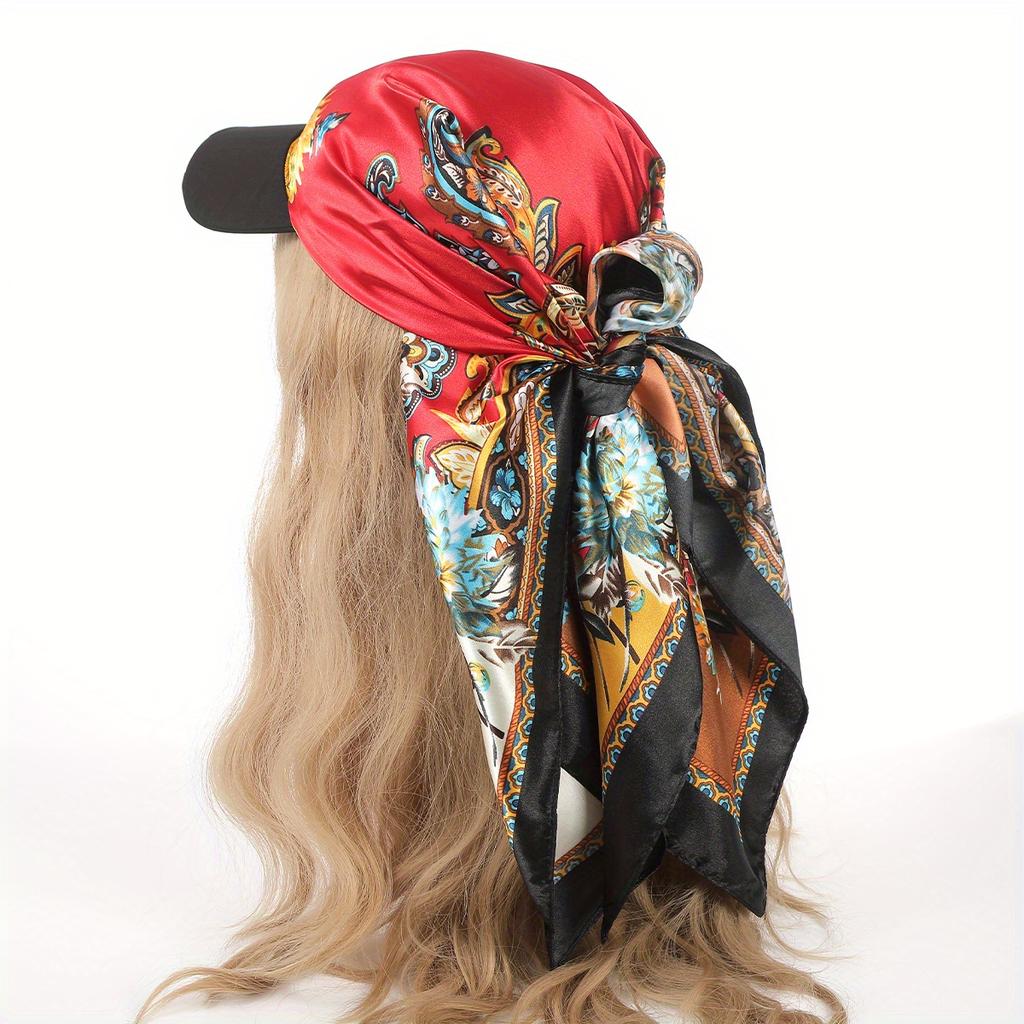 European and American colored large square scarf hat, satin simulated silk scarf, holiday headscarf with brim, one-piece headscarf hat hair accessory