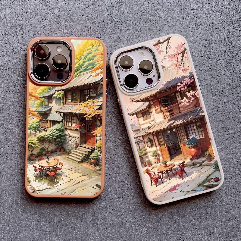 Vintage Oil Painting House Phone Case For iPhone 16 15 14 Pro Max 11 13 12 Pro MAX 7 8 Plus XR X Flower Courtyard Silicone Cover