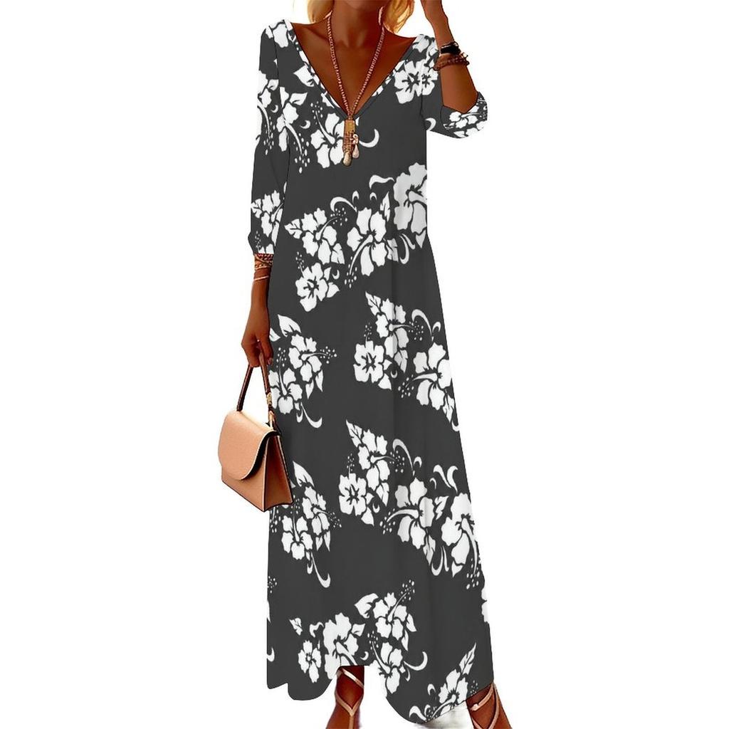 Women Plus Size V Neck Three Quarter Sleeve Black Yellow Floral Printed Long Dress