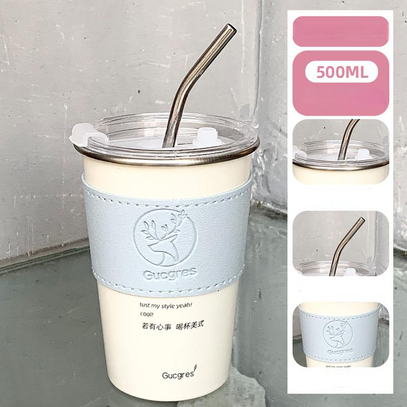 

Кофейная кружка из нержавеющей стали с соломенной крышкой, портативная кофейная чашка для питья пива, молока, воды, ресторан, бар, вечеринка, 500 мл 500ml белый/синий