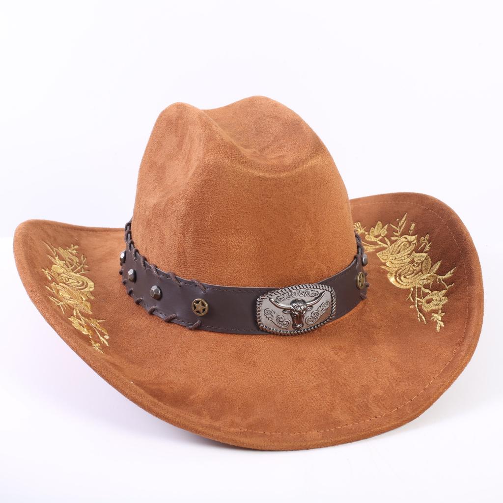 Popular European and American Classic Suede Western Cowboy Hat Men's and Women's Big Brim Embroidered Outdoor Sun Hat