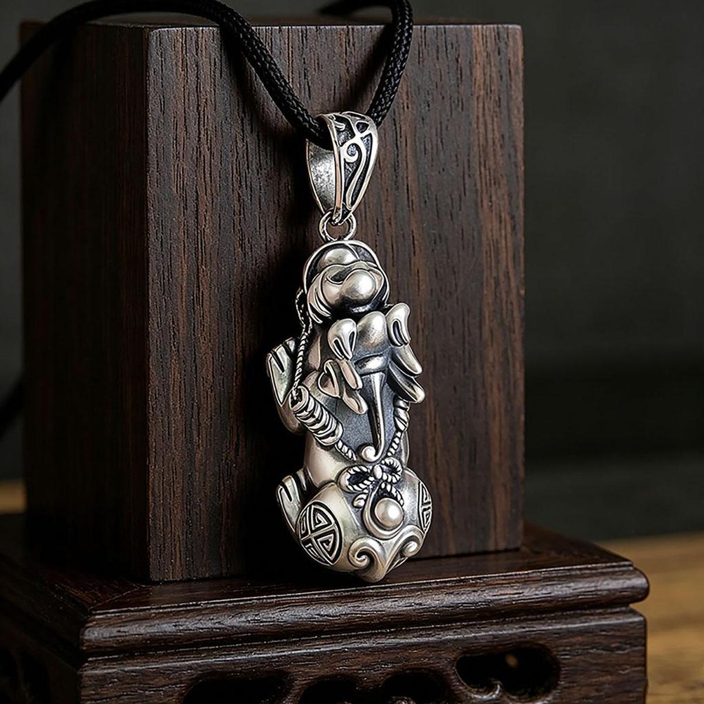 Silver Ruyi Pixiu Pendant, Unisex Braided Rope Necklace, Pikachu Sweater Chain Pendant, Vintage Ethnic Style Wear Accessory