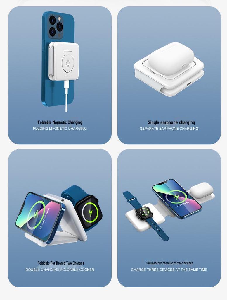 15W Folding Magnetic Travel Wireless Charger: Portable Multifunctional 3-in-1 Phone Charger