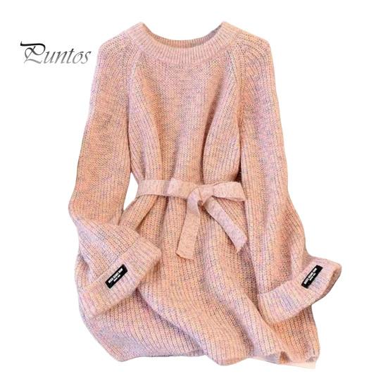 

Жіночий светр з круглим вирізом і довгим рукавом, однотонний пуловер з поясом, вільний крой, трикотаж середньої довжини рожевий