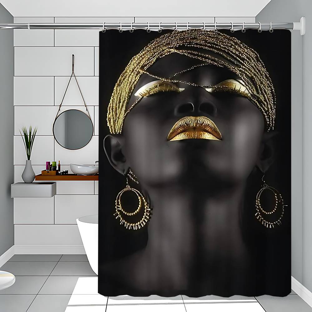 African Art Black And Gold Woman Oil Waterproof Polyester Shower Curtain Waterproof Bathroom Curtain Liners With 12 Hooks