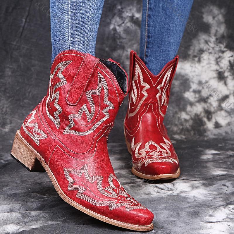 Fashion Spring Autumn New Women's Shoes Large Size Embroidery Pointed Toe Ankle Boots for Women Retro Thick Middle Heel Short Botines