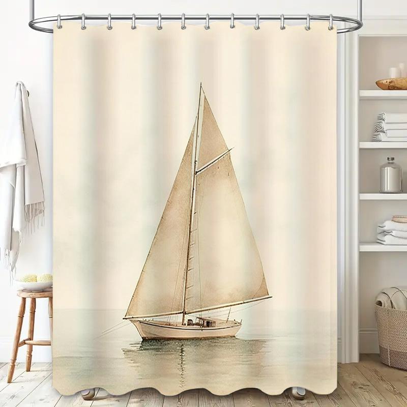 Vintage Style Sailboat Printed Shower Curtain Waterproof Bath Decoration for Home Bathroom Decorations White