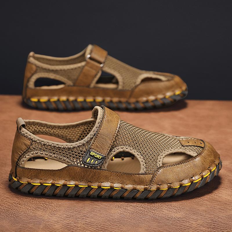 2025 Verano para Hombre Nuevos Transpirables Versátiles Modernos para Exteriores Hechos a Mano Grandes Zapatos de Playa Sandalias de Playa de Malla Hueca Cuero Genuino