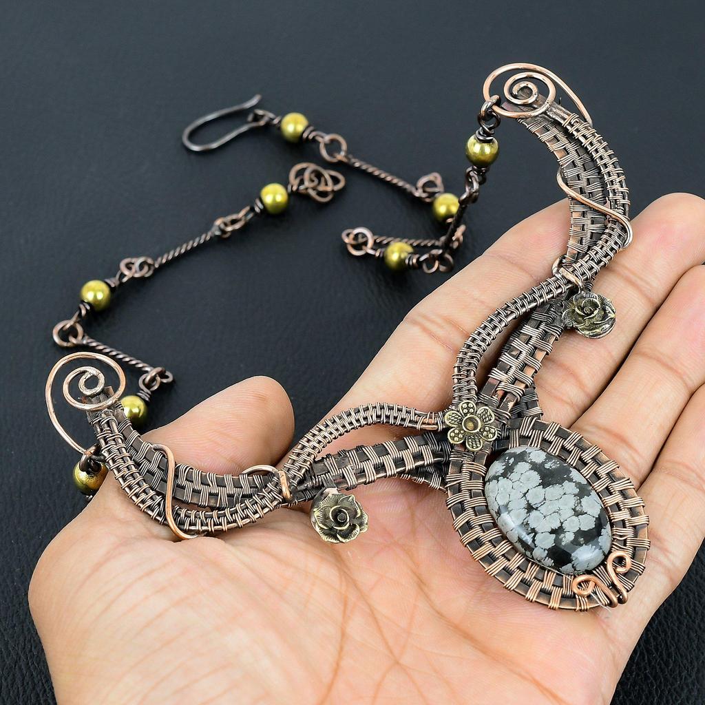 Snowflake Obsidian Necklace, 999 Copper Wire Wrapped Gemstone Handmade Dainty Jewelry Necklace, Adjustable Chain Necklace Gift For Her