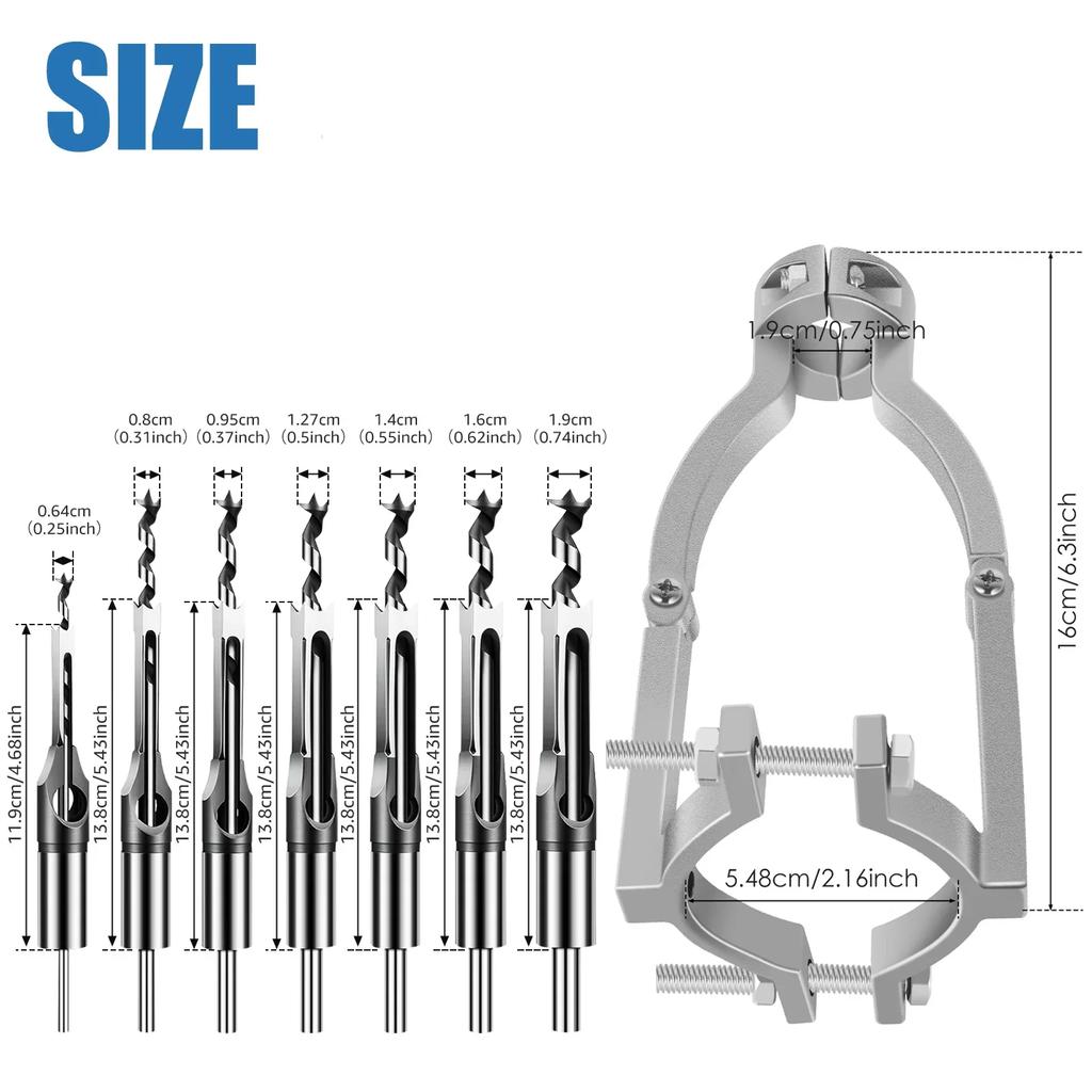 Square Hole Drill Bit Adapter with 7 Drill Bits Carbon Steel Square Hole Drill Fixing Bracket Woodworking Mortising Chisel Kit
