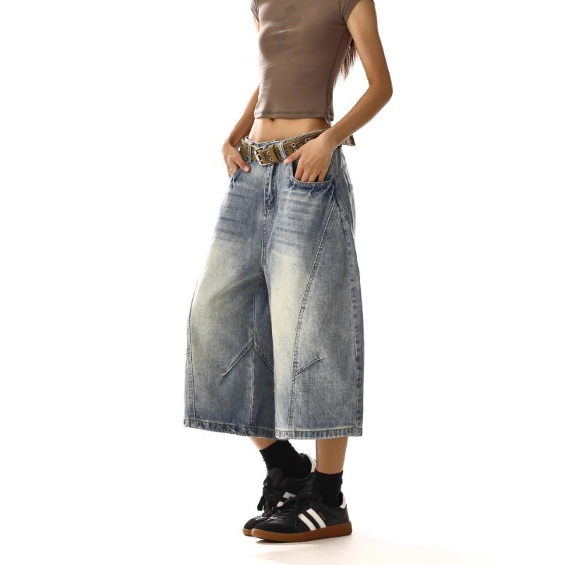 Dámské volné široké džínové culottes Vintage prané volné zkrácené džíny