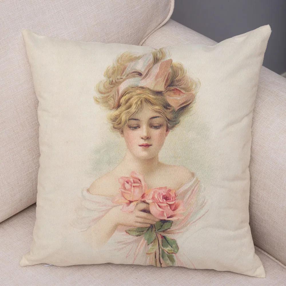 European Lady Cushion Cover Decor Vintage Style Elegant Women Print Pillowcase for Sofa Home Car Soft Plush Pillow Case 45x45cm