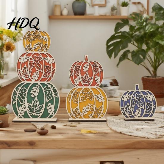 Natürliches Holz Thanksgiving Geschenk 3 Stück Herbst Holz Kürbis Tischdeko Schichtgeschnitten Ahornblatt Haus Dekoration Figur Ernte für Kaminsims