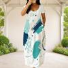 Women Plus Size Round Neck Short Sleeve Abstract Printed Loose White Long Dress With Side Pockets