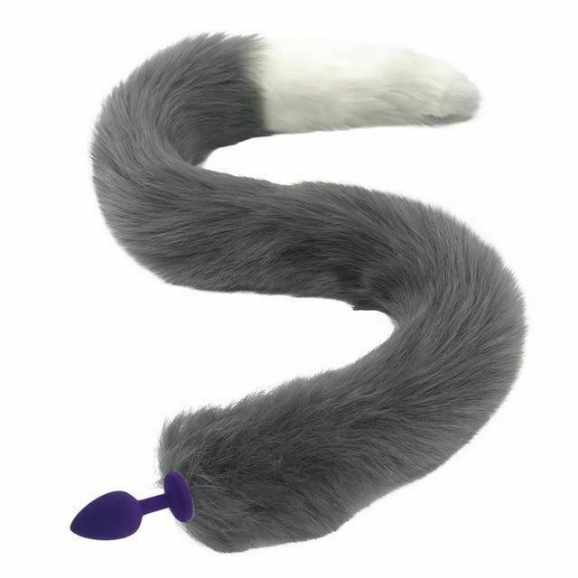 80Cm Long Grey White Fox Tail Cosplay Anal Butt Plug  Pet Play Butt Plug Tails