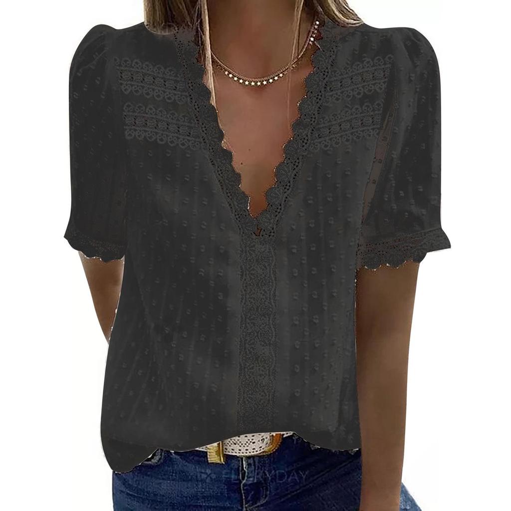 New Women's Lace Jacquard V-Neck Short Sleeve Casual T-Shirt