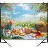 One spring picnic backdrop banner with lush flower patterns and a colorful napkin is perfect for outdoor activities.