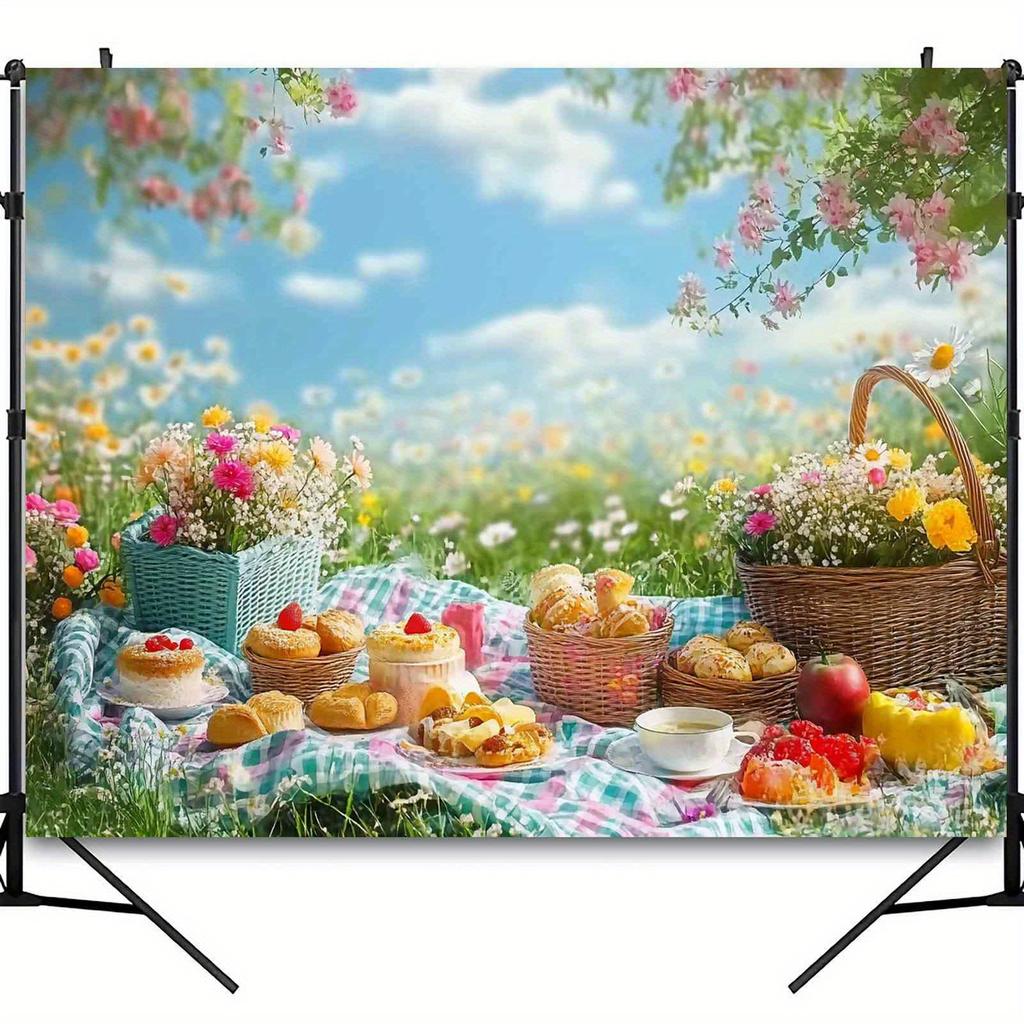 One spring picnic backdrop banner with lush flower patterns and a colorful napkin is perfect for outdoor activities.