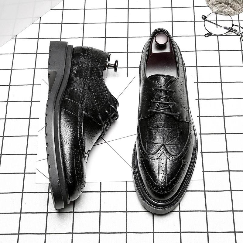 Trendy shoes men's business dress casual leather shoes men's platform inner height increase Brock carved pointed leather shoes 9701-A