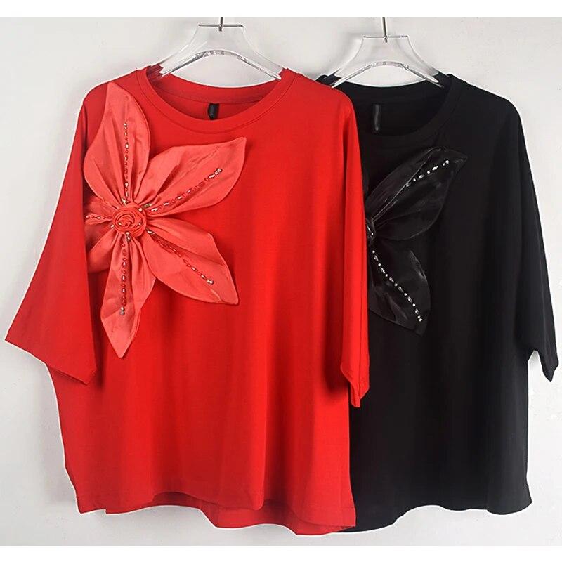 XITAO O-neck Half Sleeve T-shirt Three Dimensional Decoration Floral Temperament Diamonds Decoration Women T-shirt HJH31387