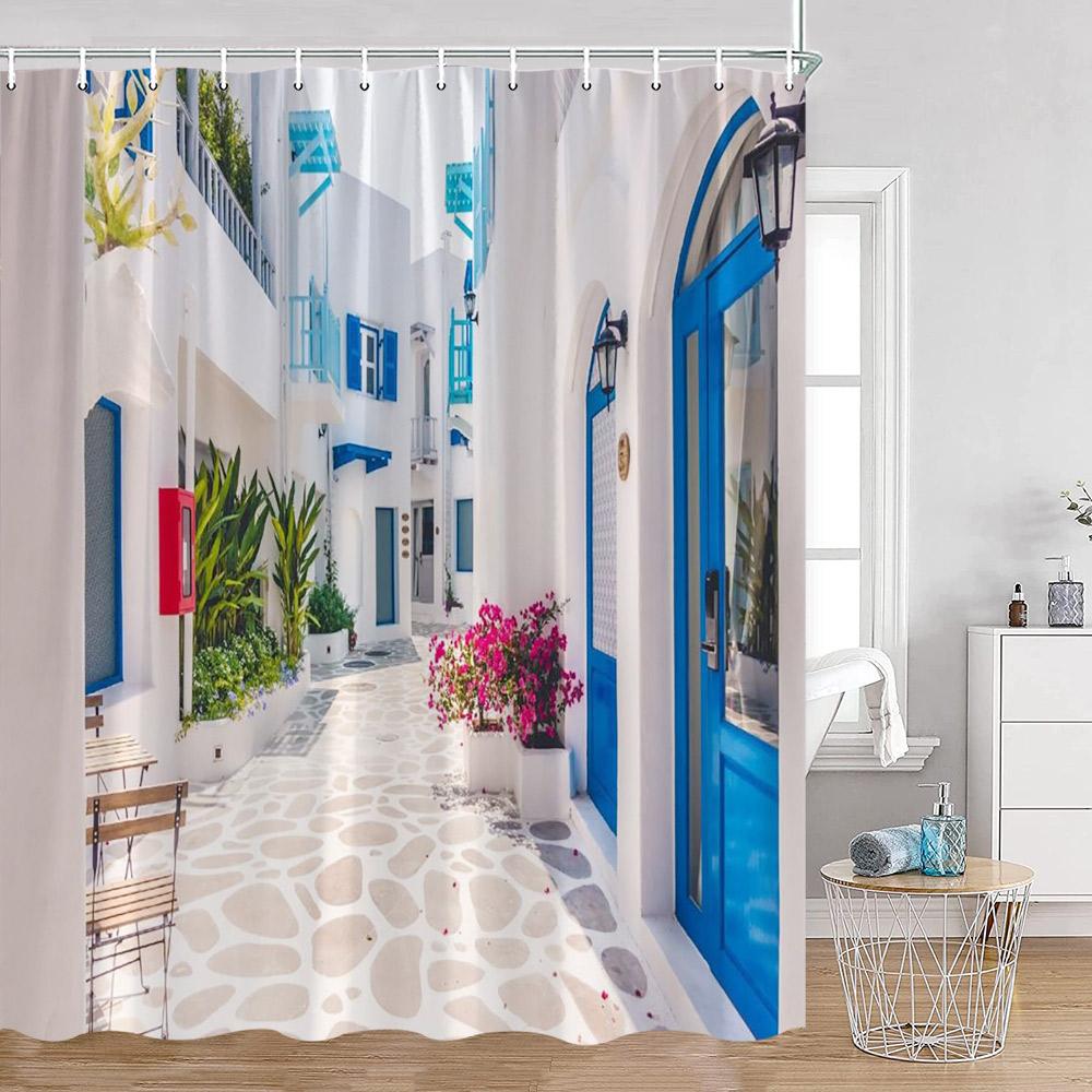 Greek Town Shower Curtain Greek Street View Sea View Blue Door Greece Scenery Bathroom Curtain Flower Plant Bath Decor with Hook