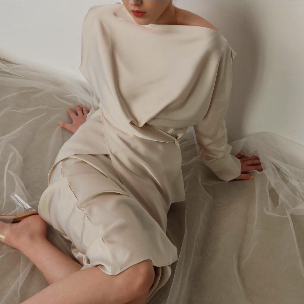 European and American Hot Style Elegant Satin Suit Women's Long Sleeve Tie Top Two-piece Skirt Set