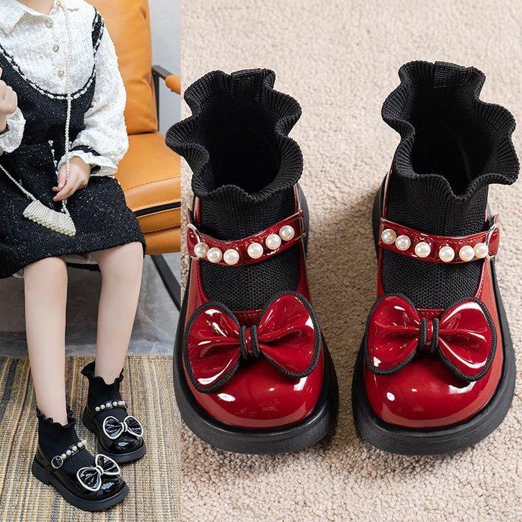 New Children's Princess Sock Boots Spring and Autumn Toddler Baby Sock Shoes Girls' Bowknot Pearl Sock Boots