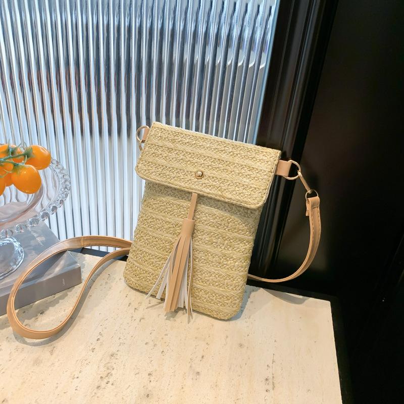 2025 Personalized Summer New Straw Weaving Fashion Foreign Style Casual Weaving Shoulder Crossbody Mobile Phone Vertical Small Square Women's Bag