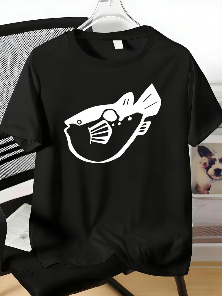 Unisexs Tee Minimalist White Puffer Fish Pattern Print Cotton Short Sleeve Male Casual Streetwear Outdoor Daily Basic Fashion Top