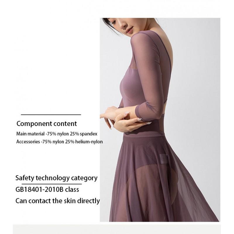 Womens Sheer Mesh Long Sleeve Leotard With U-Back Cross Straps Ballet Contemporary Dance Aerial Yoga Training