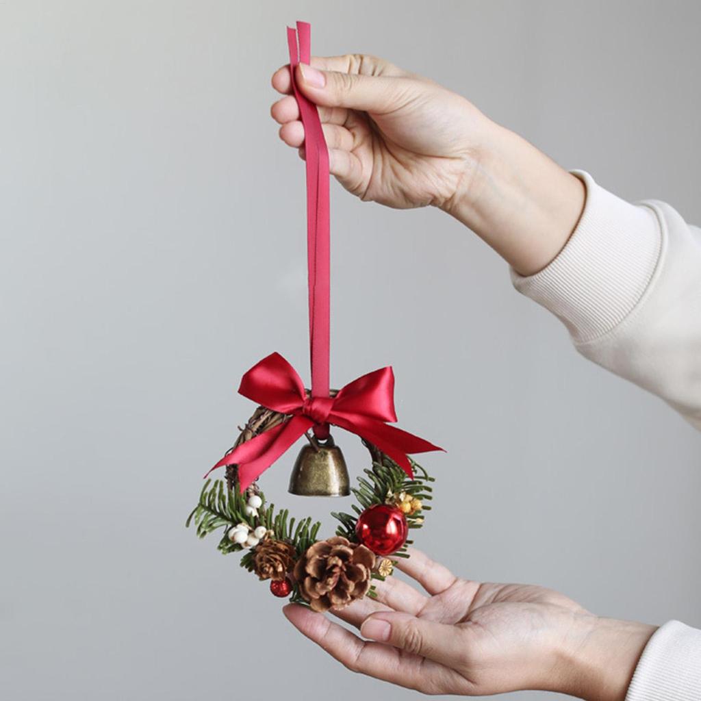 Christmas Wreath 5 Inch Mini Wreath Bell Bow Decor Artificial Holiday Garland For Christmas Holiday Fireplace Mantle Porch