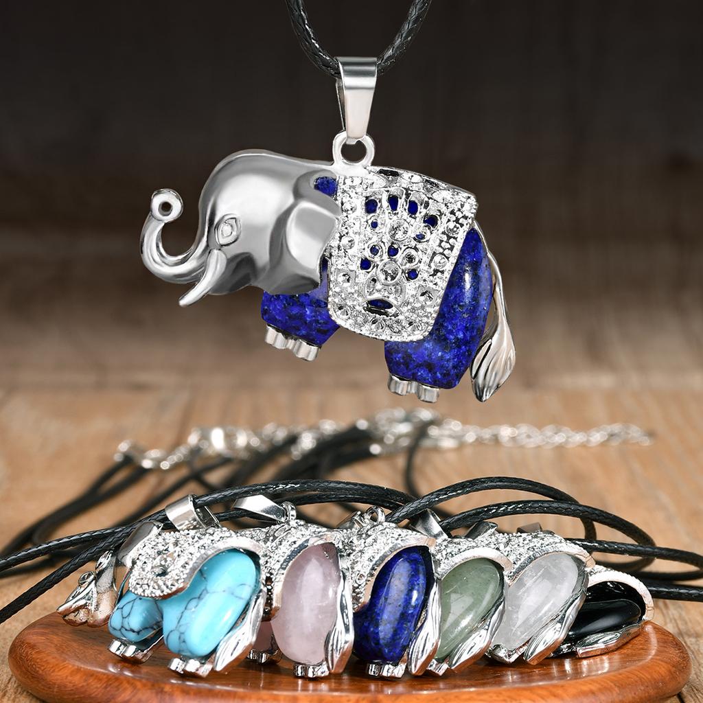 1Pcs Natural Stone Elephant Pendant Necklace for Both Men and Women, Tiger Eye Stone Leather String Necklace