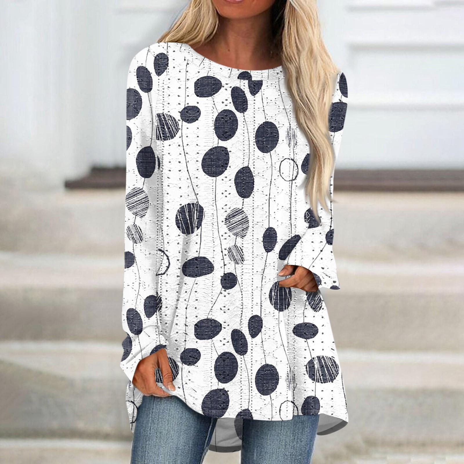 

Womens Tops Round Neck Long Sleeve Blouses Casual Mid-length Shirts Fashion Print Tunic Tops S Темно-синій