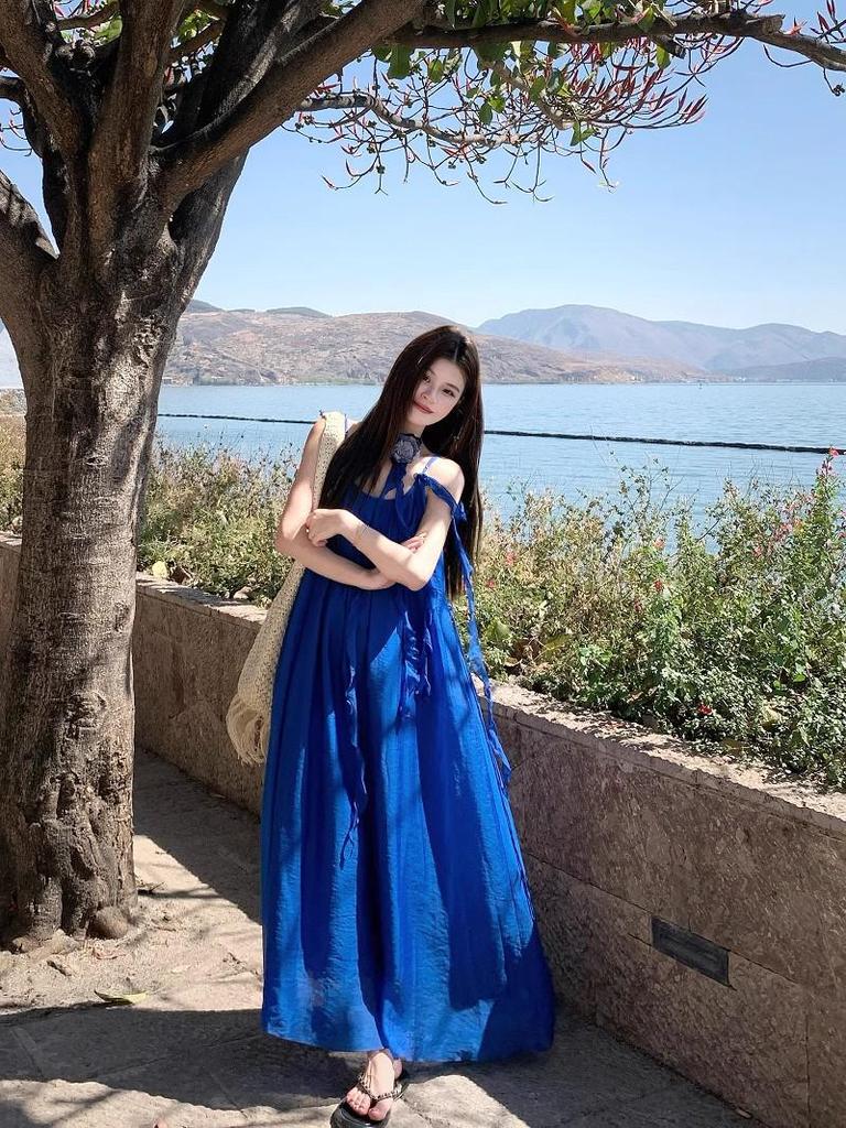 Erhai Blue Resort Backless Spaghetti Strap Long Dress