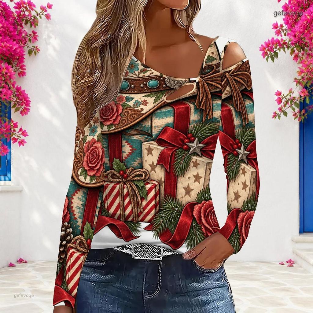 Women Plus Size Asymmetric Cutout Neck Cold Shoulder Long Sleeve Christmas Cowboy Boot Print Top